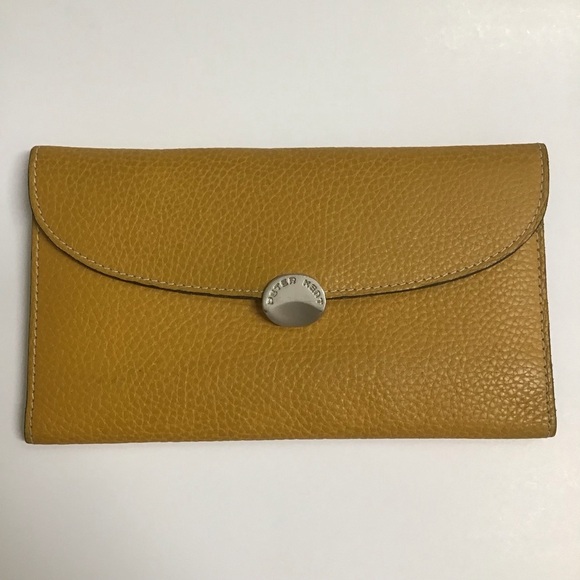 Peter Kent Handbags - Peter Kent Pebbled Leather Clutch Wallet Yellow Gold Snap Close Zip Buenos Aires